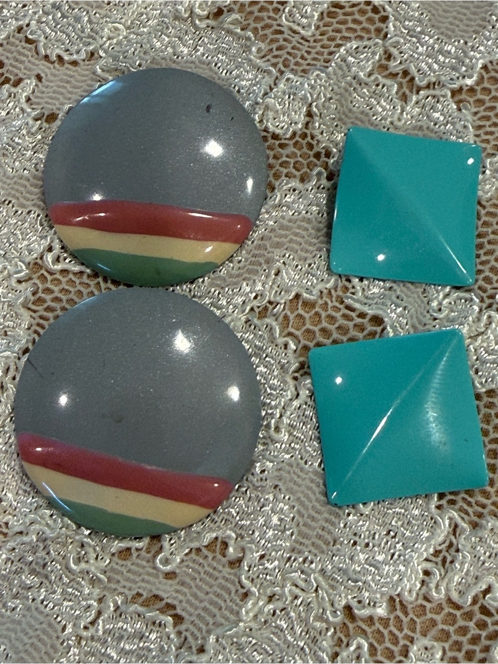 Vintage boho post earring set gray rainbow stripes & teal square (2 pair)